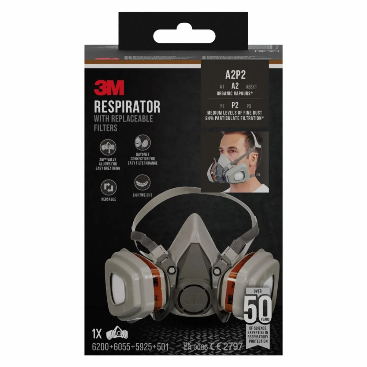 3M 6002KIT-1 halfgelaatsmasker met filterset Grijs