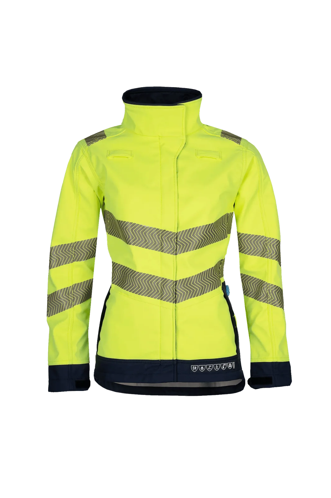 Sioen Heika Dames high-vis softshell jas, ARC bescherming Fluogeel/Marineblauw
