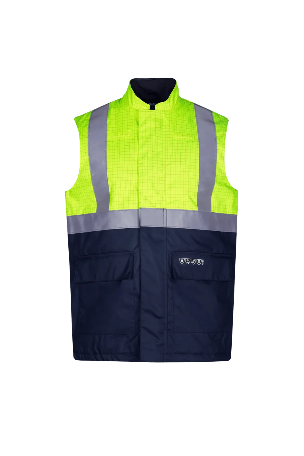 Sioen Bravone Vlamvertragende, antistatische high-vis bodywarmer Fluogeel/Marineblauw