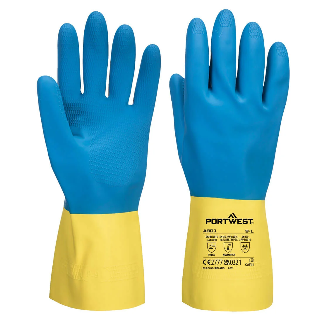 PORTWEST A801 Dubbel gecoate latex handschoen Geel/blauw