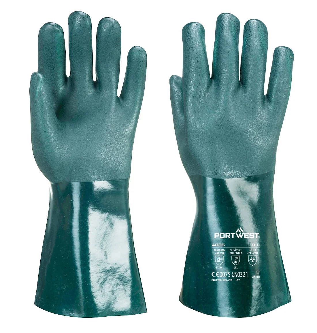 PORTWEST A835 Dubbel Gedompelde PVC-handschoen 35cm Groen