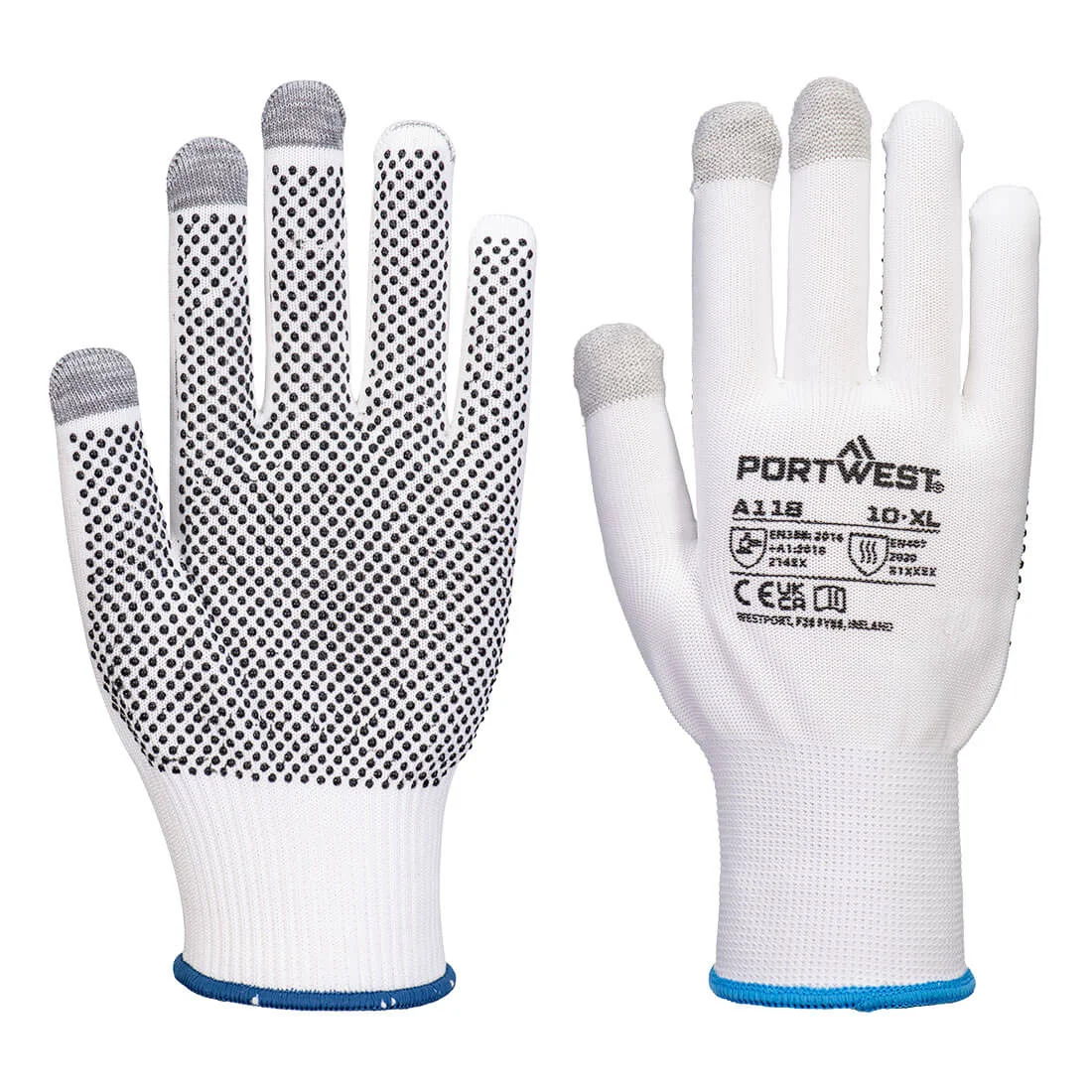 PORTWEST A118 Grip 13 PVC Touchscreen Handschoen met dots (afname per 12 paar) Wit/grijs