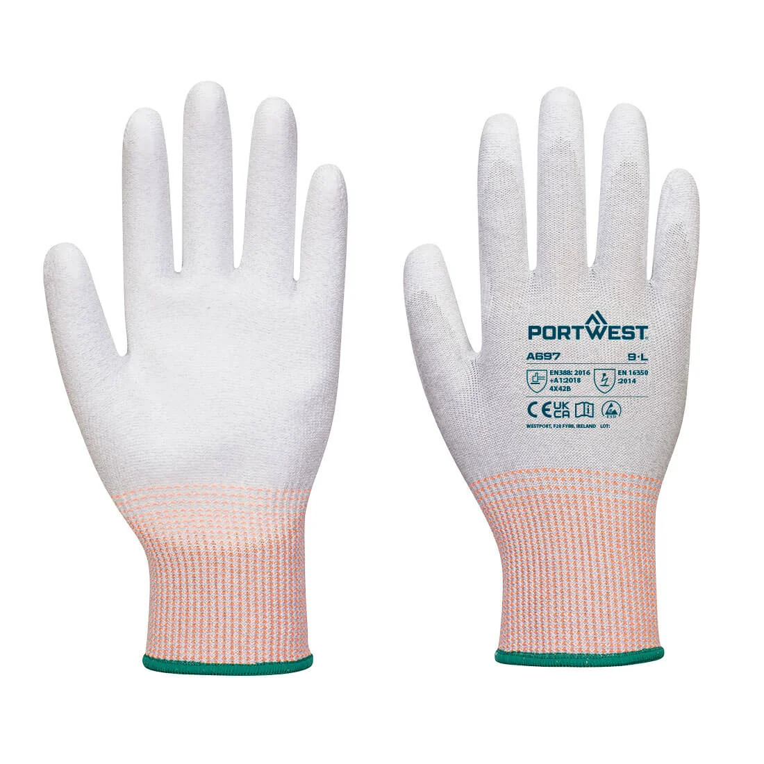PORTWEST A697 LR13 ESD PU Palm Handschoen (afname per 12 paar) Grijs/wit