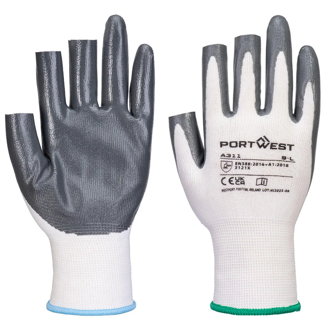 PORTWEST A311 Grip 13 Nitril 3 vingerloze Handschoen (afname per 12 paar) Wit/grijs
