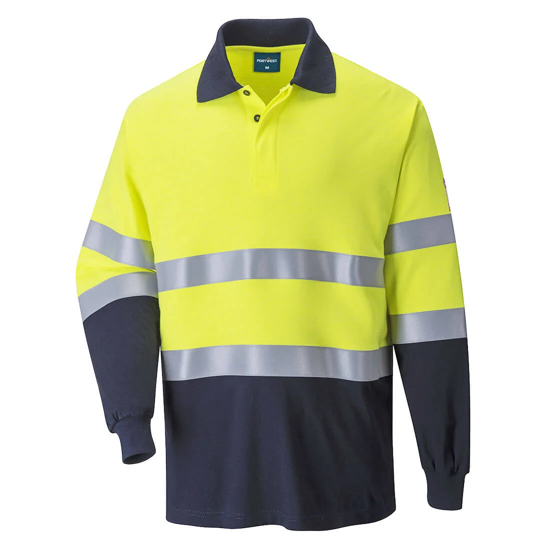 PORTWEST FR74 Vlamvertragende Modaflame Antistatische lange mouw Poloshirt Geel/marine