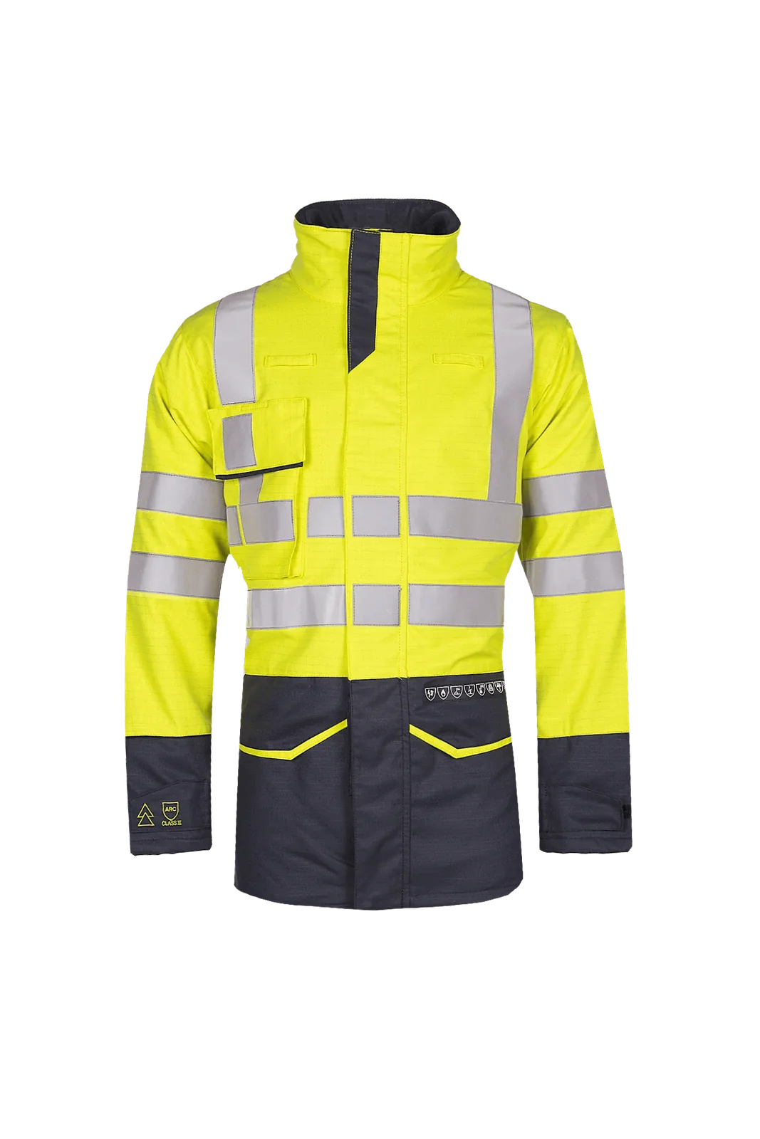 Sioen Glacier ECO high-vis regenjas, ARC bescherming Fluogeel/Marineblauw